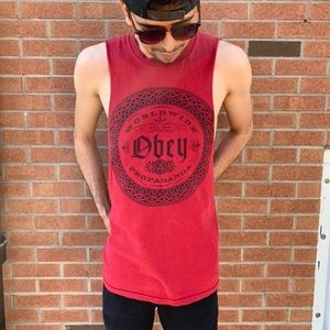 Men's red cut off Obey tank top